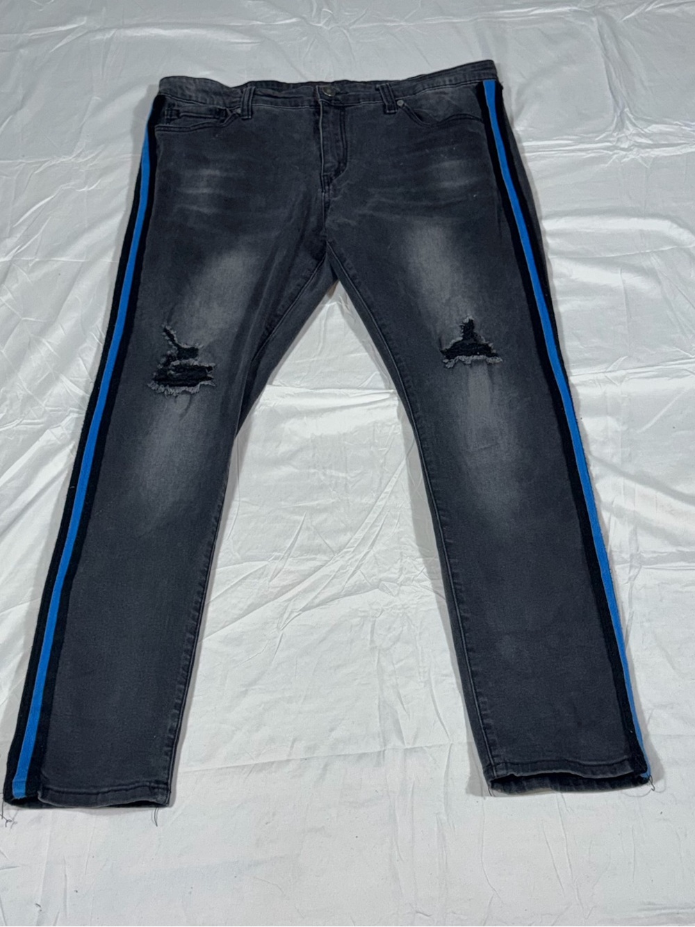 Rue21 Supreme Flex Skinny Jeans 38x32 Black Blue Side Stripe Distressed Mens Y10